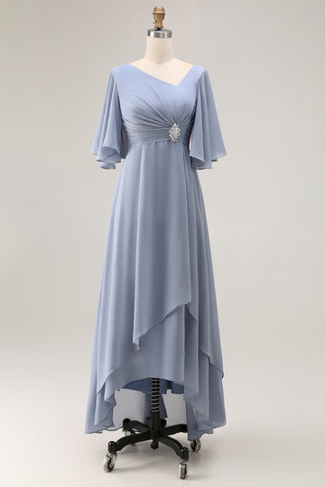 Dusty Blue A Line Asymmetrical Neck Mother Of The Bride Dress With Sleeves